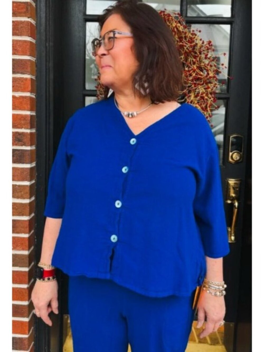 Oh My Gauze Blouse Women's Size 1 Blue 3/4 Sleeve Button Up Tunic V-Neck Cotton